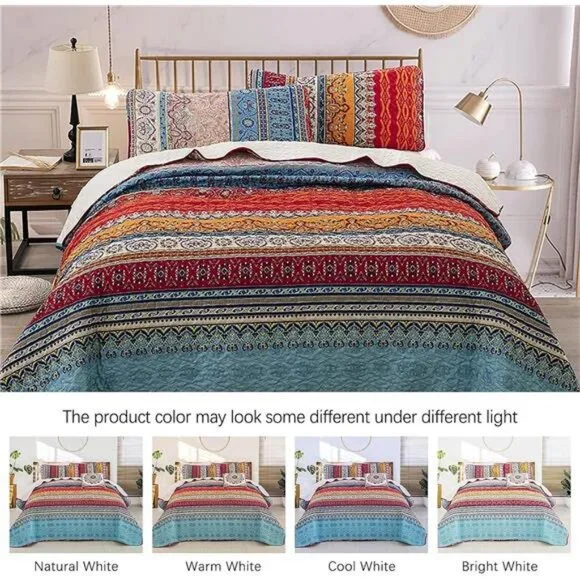 Bohemian Quilt Set King Size, Boho Striped Printed Bedding